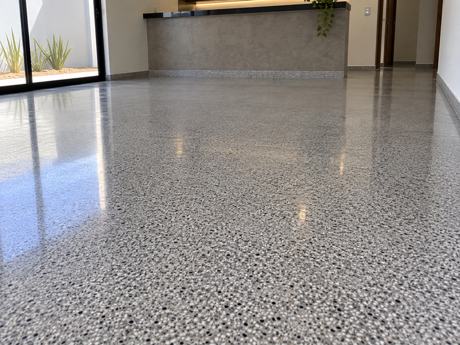 Execução de piso de granilite lapidado no local pela equipe MRE